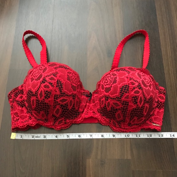 La Vie en Rose Lace Push Up Bra 36C Red Black Bow - Picture 5 of 9